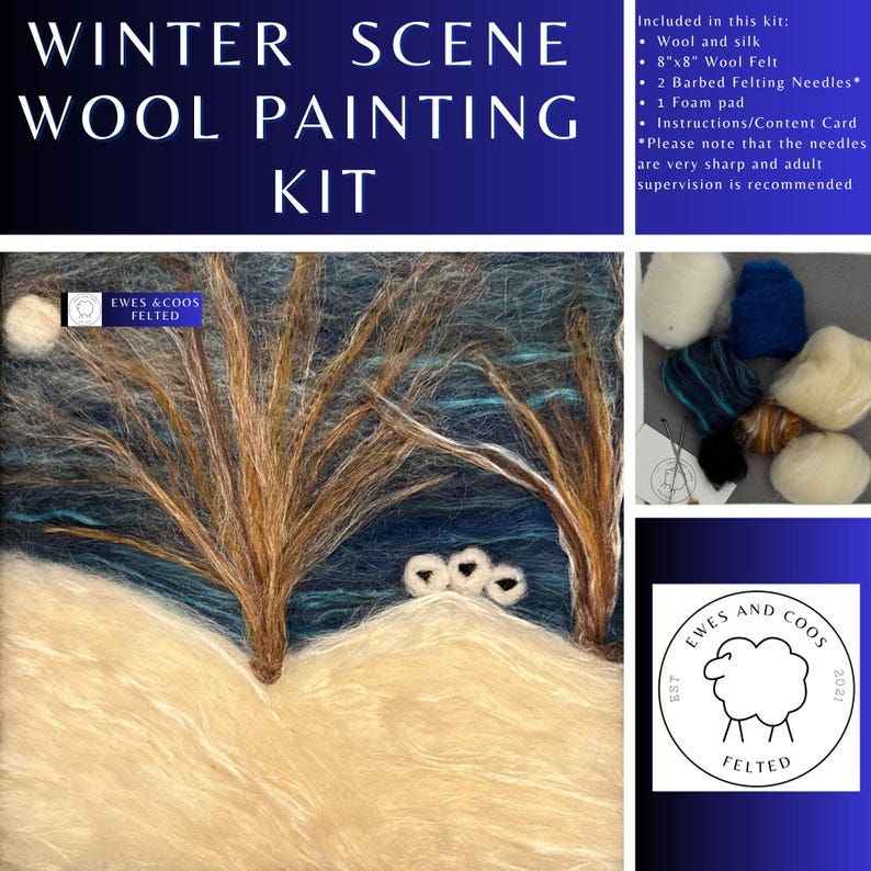 May include: A winter scene wool painting kit. The kit includes wool and silk, 20cm x 20cm wool felt, barbed felting needles, a foam pad, and instructions. The artwork depicts a snowy landscape with trees and a dark blue sky. From Ewes & Coos Felted.