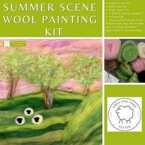 May include: A Summer Scene wool painting kit. The kit includes wool and silk, a 20x20cm wool felt, barbed felting needles, a foam pad, and instructions. The image shows a felted landscape with trees and sheep.