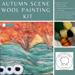 May include: An autumn scene wool painting kit. The kit includes wool and silk, a 20cm x 20cm wool felt, barbed felting needles, a foam pad, and instructions. The artwork depicts trees with orange and yellow foliage against a teal and yellow landscape. From Ewes & Coos Felted.