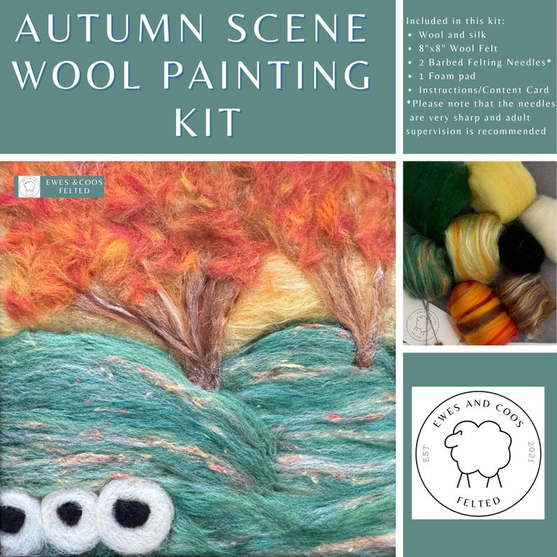 May include: An autumn scene wool painting kit. The kit includes wool and silk, a 20cm x 20cm wool felt, barbed felting needles, a foam pad, and instructions. The artwork depicts trees with orange and yellow foliage against a teal and yellow landscape. From Ewes & Coos Felted.