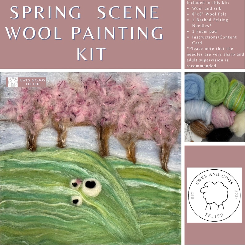 May include: A wool painting kit with the text "SPRING SCENE WOOL PAINTING KIT". The kit includes wool and silk, a 20cm x 20cm wool felt, two barbed felting needles, a foam pad, and instructions. The image shows a felted landscape with pink trees and a green hill.