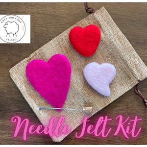 Needle Felt kit hearts, fun craft, kit for beginners red, pink, fuchsia hearts