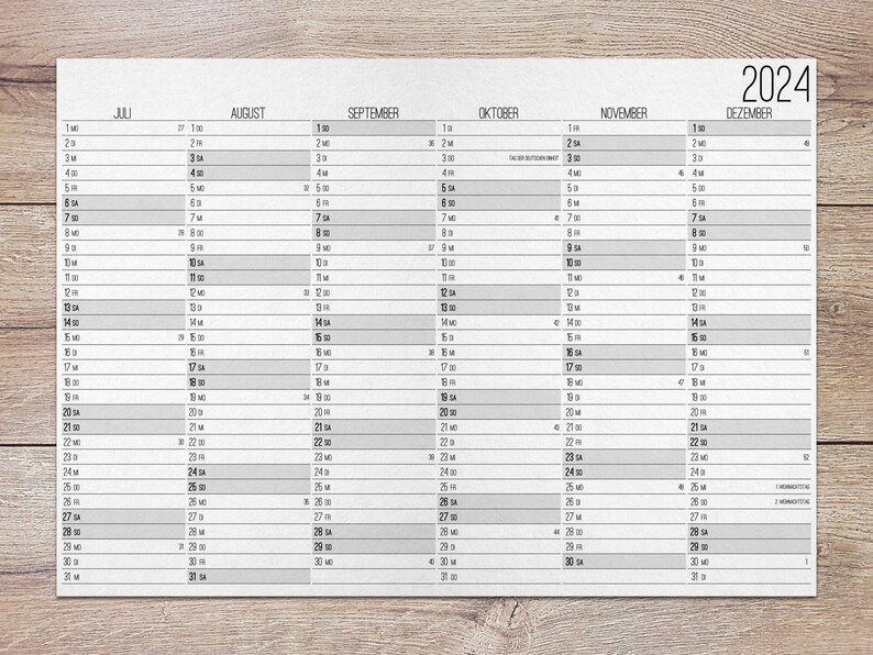 2024 Wand Kalender mit Feiertagen und Kalenderwochen zum Ausdrucken mit