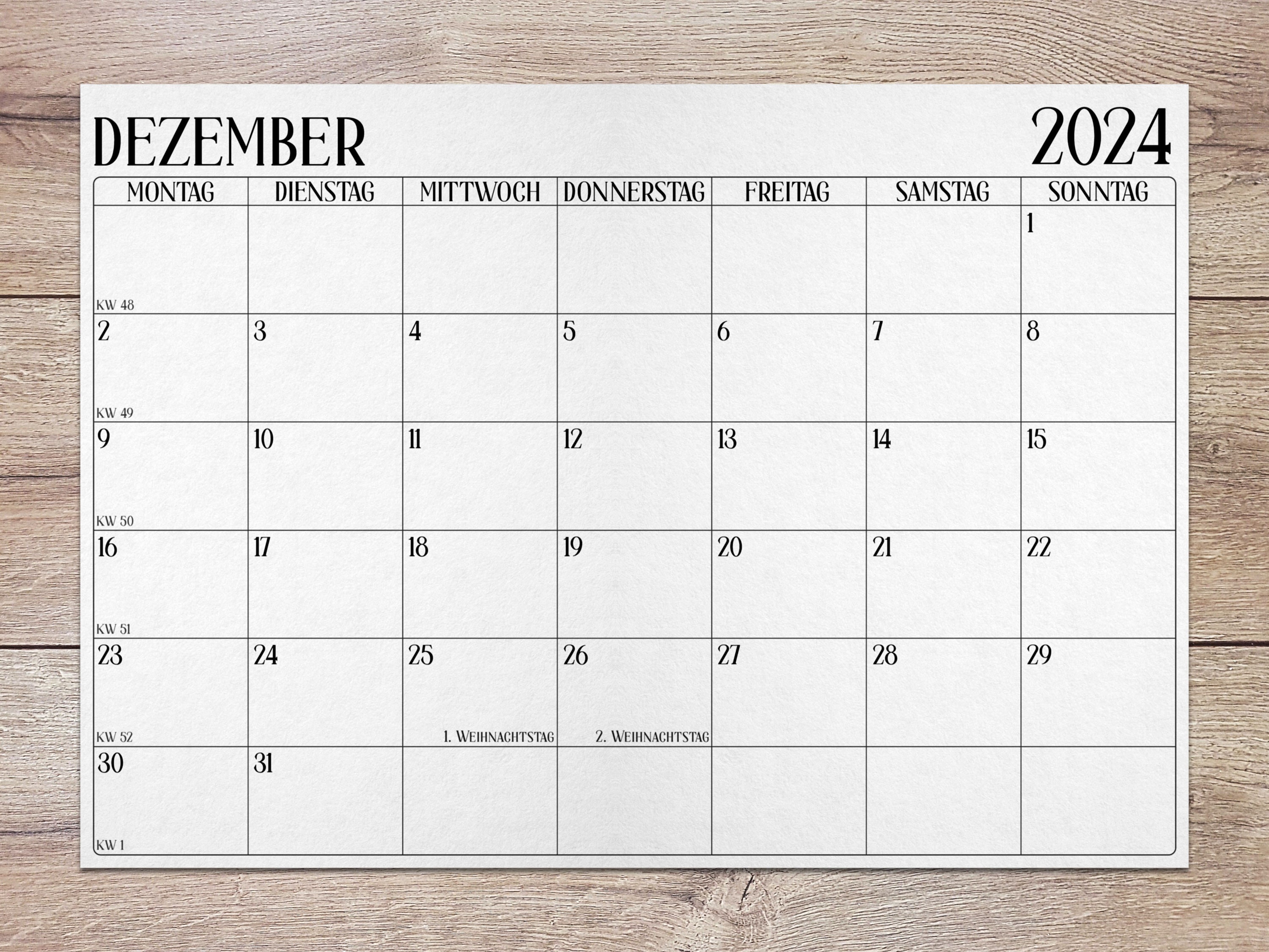  2024 Kalender mit Kalenderwochen und Feiertagen zum Ausdrucken mit 12 Motiv 