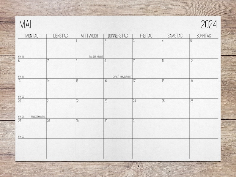 2024 Kalender mit Kalenderwochen und Feiertagen zum Ausdrucken - Etsy