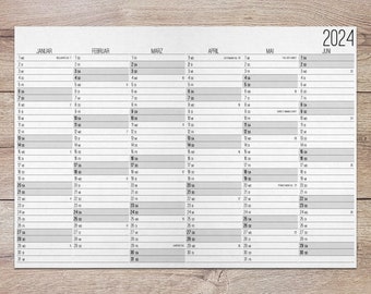 2024 Wand Kalender mit Feiertagen und Kalenderwochen zum Ausdrucken mit 12 Monaten im minimalistischen Stil als PDF