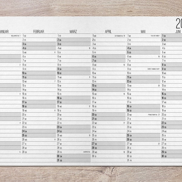 2024 Wand Kalender mit Feiertagen und Kalenderwochen zum Ausdrucken mit 12 Monaten im minimalistischen Stil als PDF