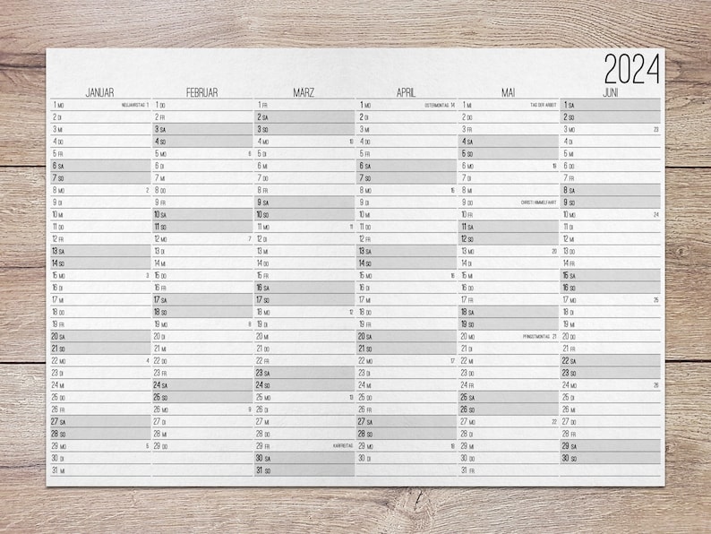 2024 Wand Kalender mit Feiertagen und Kalenderwochen zum Ausdrucken mit 12 Monaten im minimalistischen Stil als PDF Bild 1