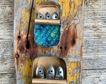 Jolie petite boîte de sardines avec écailles de poisson à suspendre, décoration en métal, décoration côtière, cadeau