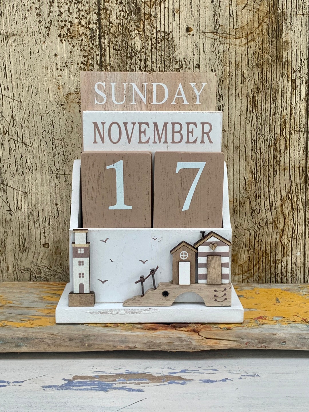 Shabby Chic Seaside Lighthouse & Beach Huts Wooden Perpetual Calendar