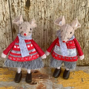 Red & Grey Felt Mouse in Clogs Christmas decoration or gift 2 Designs