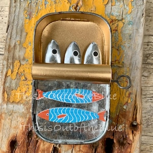 Scatola di sardine con design di pesce in legno, decorazione in latta di metallo appesa, ornamento, decorazione costiera, regalo
