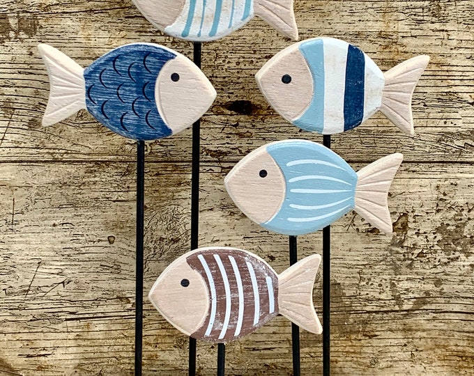 Large Ocean Blue Fish Shoal School of Fish on Stand Wood Decoration Ornament Sculpture Coastal Decor