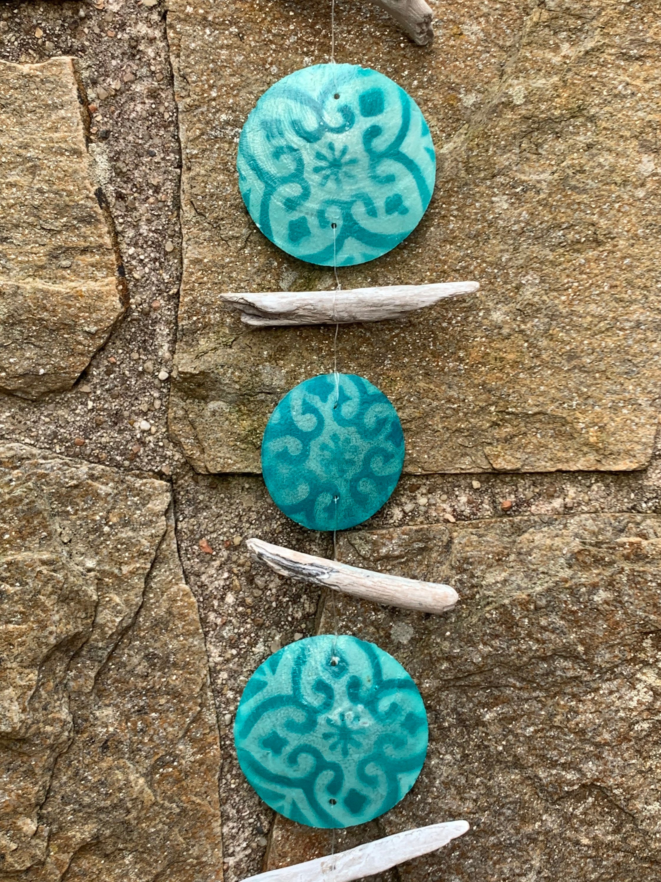 Light Turquoise Toned Shell Driftwood Hanging Boho String Hanger