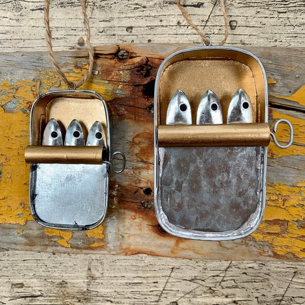 Cute Teeny Tin of Sardines fish hanging metal tin Decoration Ornament Hanger Coastal Decor Gift