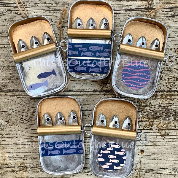 The ‘Blue Collection’ Tin of Sardines fish hanging metal tin decoration hanger Coastal Decor Gift