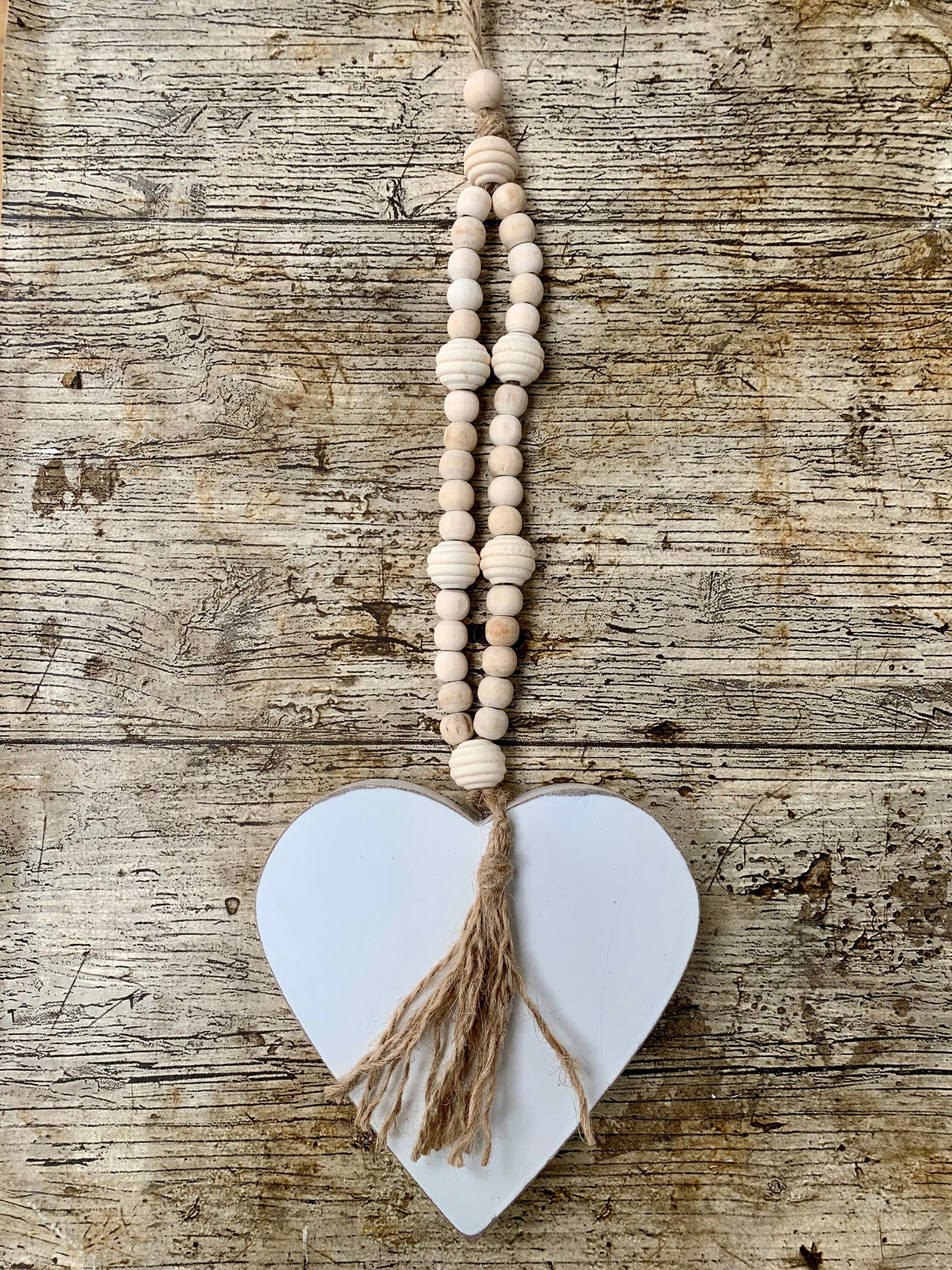 Beaded Tassel Chunky White Wood Shabby Chic Hanging Heart Hanger Boho Gift Wedding