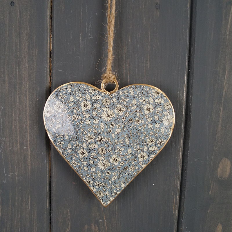 Blue Toned Floral Metal Shabby Chic Hanging Heart Hanger