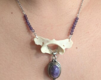 Crystal locket and atlas bone - poison capsule necklace - tiger eye, kyanite, obsidian, malachite, labradorite