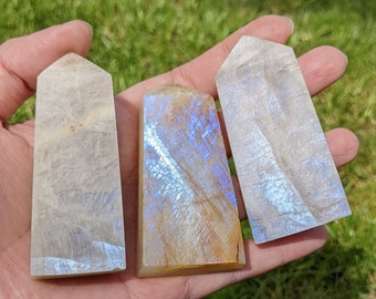 Sunstone moonstone towers DT - belomorite crystal obelisk with blue flash and silver shimmer - restocked!