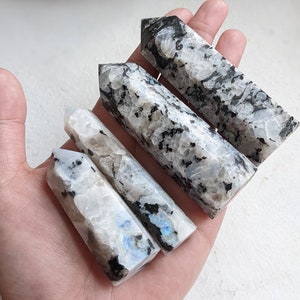 Rainbow moonstone crystal tower points - blue and yellow rainbow flash with black tourmaline inclusions - you choose which one