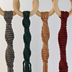 May include: Four macrame plant hangers with wooden rings. The hangers are in shades of gray, green, brown, and red.