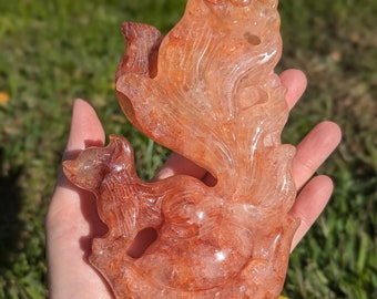 Hand carved fire quartz nine tailed fox carving with flower and ingot