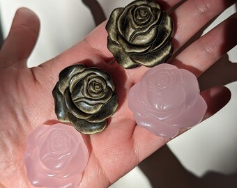 Rose flower crystal carving - flower agate, howlite, bloodstone, labradorite, moss agate, lepidolite, silver obsidian, strawberry quartz