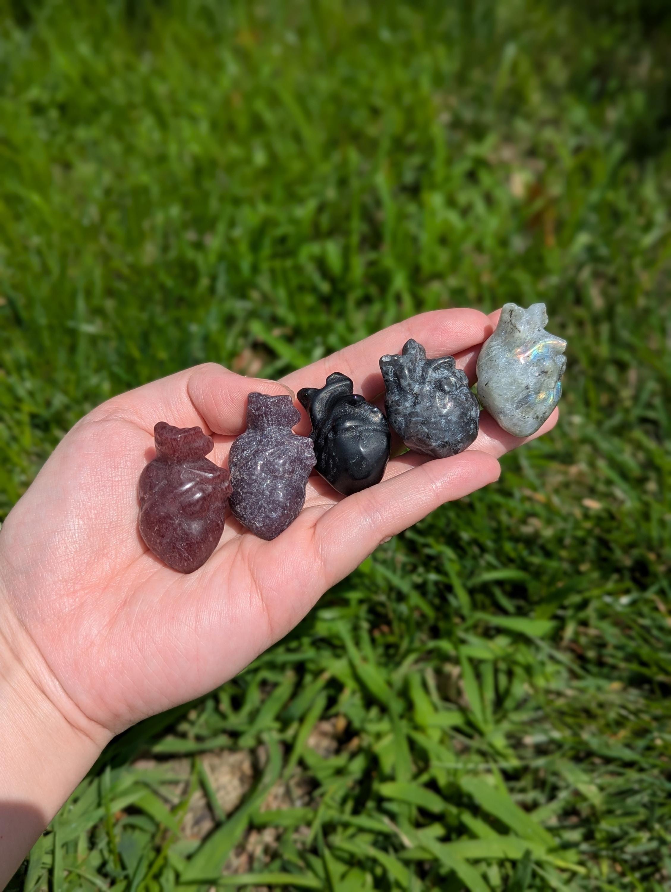Mini anatomical heart carvings - fluorite, rose quartz, calcite, sunstone, tiger eye, citrine, obsidian, rhodonite