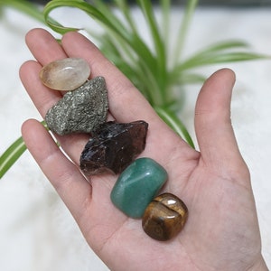Manifest Wealth and Luck: Set of tumbled/raw stones (Green Adventurine, Tiger eye, Citrine, Pyrite, Smoky Quartz)