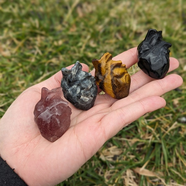Mini anatomical heart carvings - fluorite, rose quartz, calcite, sunstone, tiger eye, citrine, obsidian, rhodonite