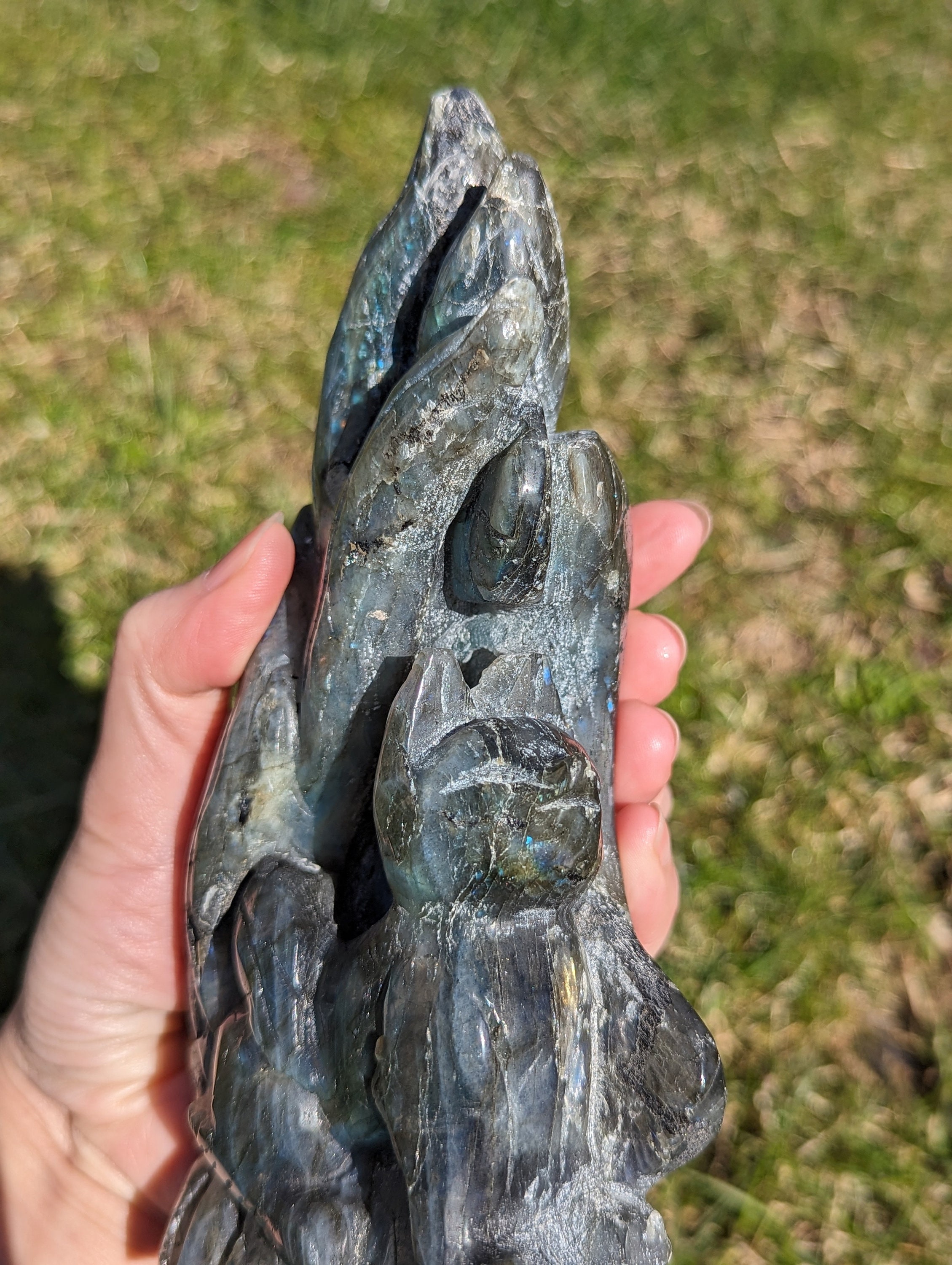 Huge Labradorite Nine Tailed Fox Carving With Blue and Huge Labradorite Nine Tailed Fox Carving With Blue and