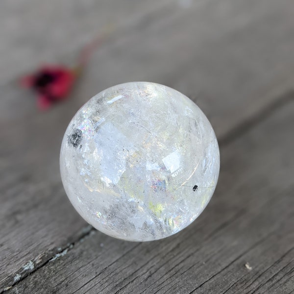 Tourmalinated clear quartz sphere with black tourmaline rutile inclusions - rainbows and clarity - tourmalinated quartz rutilations