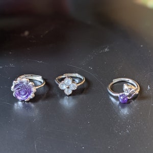 Moonstone quartet ring, amethyst flower ring, amethyst fox ring - silver plated, crystal, adjustable