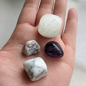 Gentle Sleep Crystal Tumble Set (scolecite, howlite, amethyst, lepidolite) - insomnia, calming thoughts, peaceful sleep