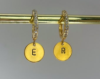 Personalised Initial 18k Gold plated Huggie hoops, Hand stamped, earring gift for her