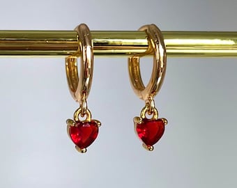Gold plated Red Heart Huggie hoops, red and gold earrings, gift for her