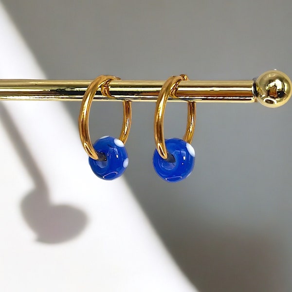 Blue Glass hoops, Handmade Gold plated earrings, Detachable pendant, gift for her