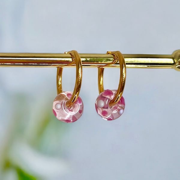 Pink Glass Earrings, Handmade Gold plated hoop, Detachable pendant