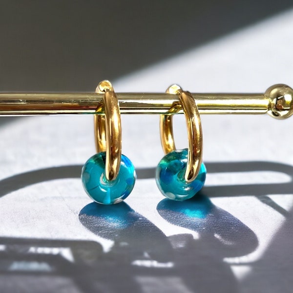 Turquoise Glass Earrings, Handmade Gold plated hoop, Detachable blue pendant
