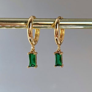 Gold plated huggie hoops, Green, Emerald coloured gold earrings.
