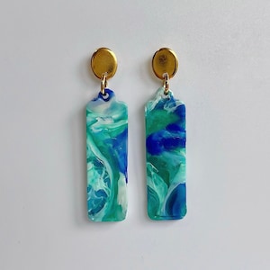 Recycled plastic earrings, Blue & green, Gold plated studs, recycled jewellery