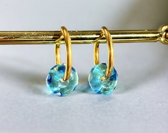 Blue Glass Earrings, Handmade Gold plated hoop, Detachable pendant