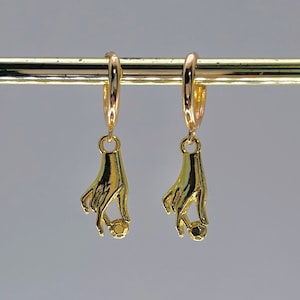 Gold Hand Earrings, Gold plated Huggie hoops, Dainty drop pendants
