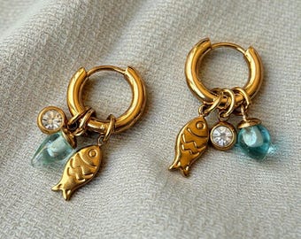 Handmade Gold Huggie Hoop Earrings with Removable Fish Charms & handmade Glass Beads
