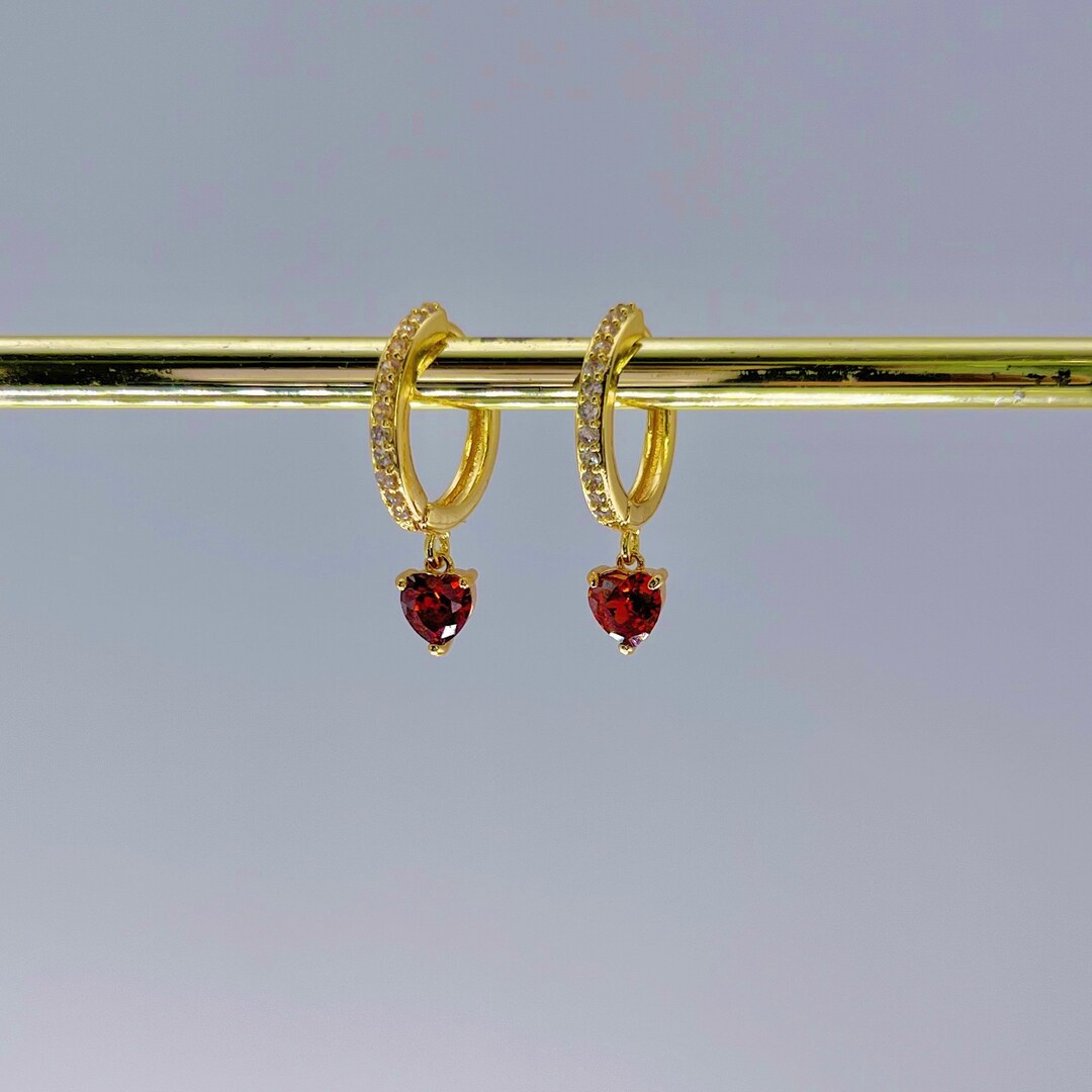 Gold plated gem Huggie hoops with Red Heart pendent