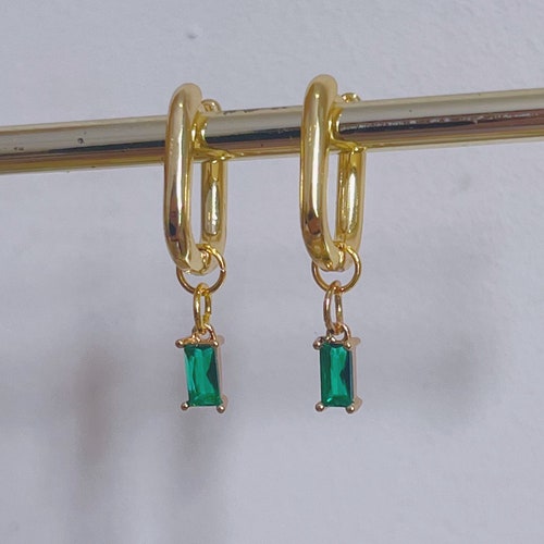 Gold Plated Huggie Hoop Earrings Emerald Coloured Pendant - Etsy UK