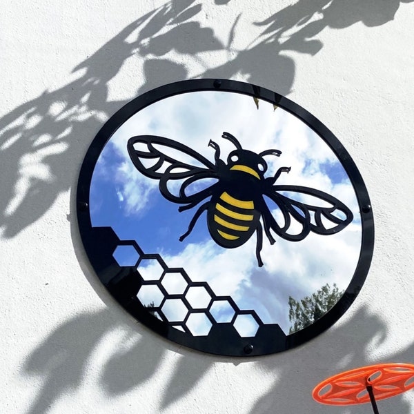 Yellow Bee Garden Mirror 50cm, 19.6 Inches Diameter Sun Catcher Garden Decor Round Framed Mirror for Outside Back Acrylic Fixings Included