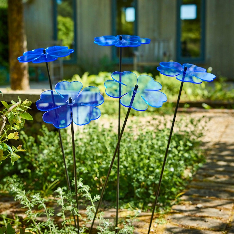 Set of 5 Double Blossom, 5 colour choice, 75cm, 29.5 inch  high, 15cm, 5.9 inch diameter. SunCatchers work without battery, drawing natural UV light, emitting glow at edges. Glowing dawn to dusk. Image shows 5 yellow Double Blossoms