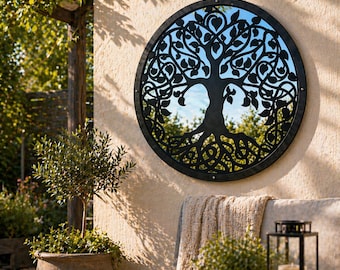 Baum des Lebens Gartenspiegel 50cm Durchmesser SunCatcher Gartendekoration Runder Spiegel für Außenbefestigung Inklusive Geschenk Gärtner